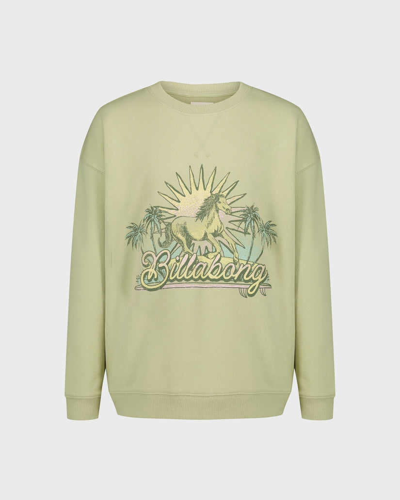 Light green sweatshirt with 'Billabong' logo and palm tree design on a white background