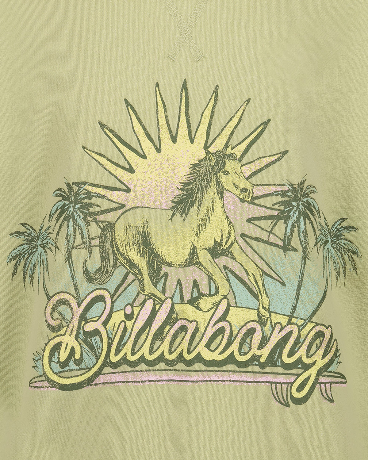 Billabong logo with a unicorn and palm trees on a light green background