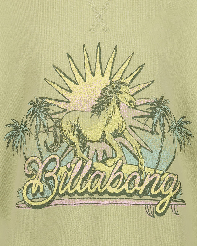 Billabong logo with a unicorn and palm trees on a light green background
