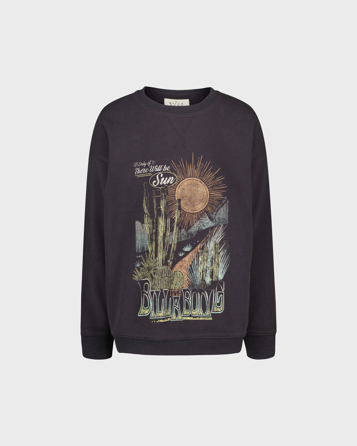 Black sweatshirt with graphic design and 'Billabong' branding on a light gray background