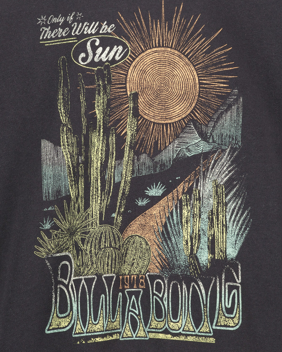 T-shirt design with desert landscape, sun, and 'Billa Bonyis' text on a black background