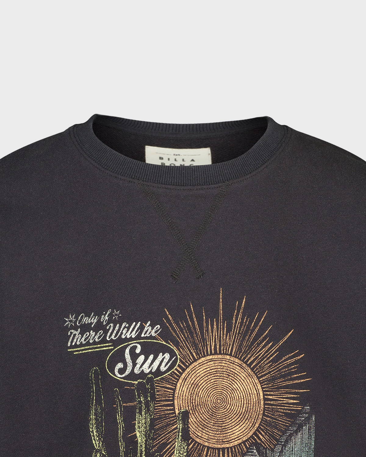 Black sweatshirt with sun and cactus graphic and text on a light gray background