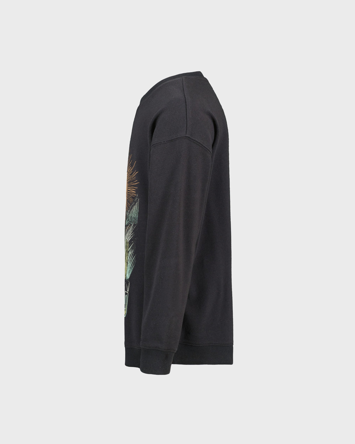 Black hoodie with a colorful graphic on the sleeve against a light gray background