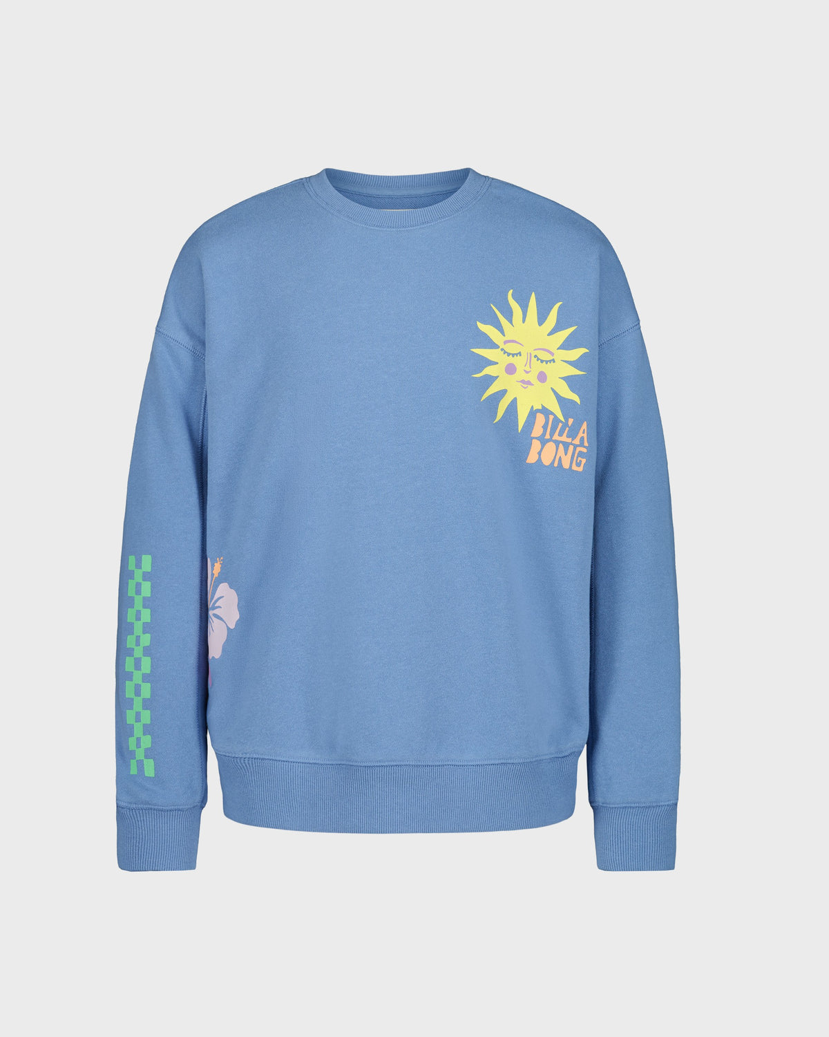 Blue sweatshirt with colorful graphics on a light gray background