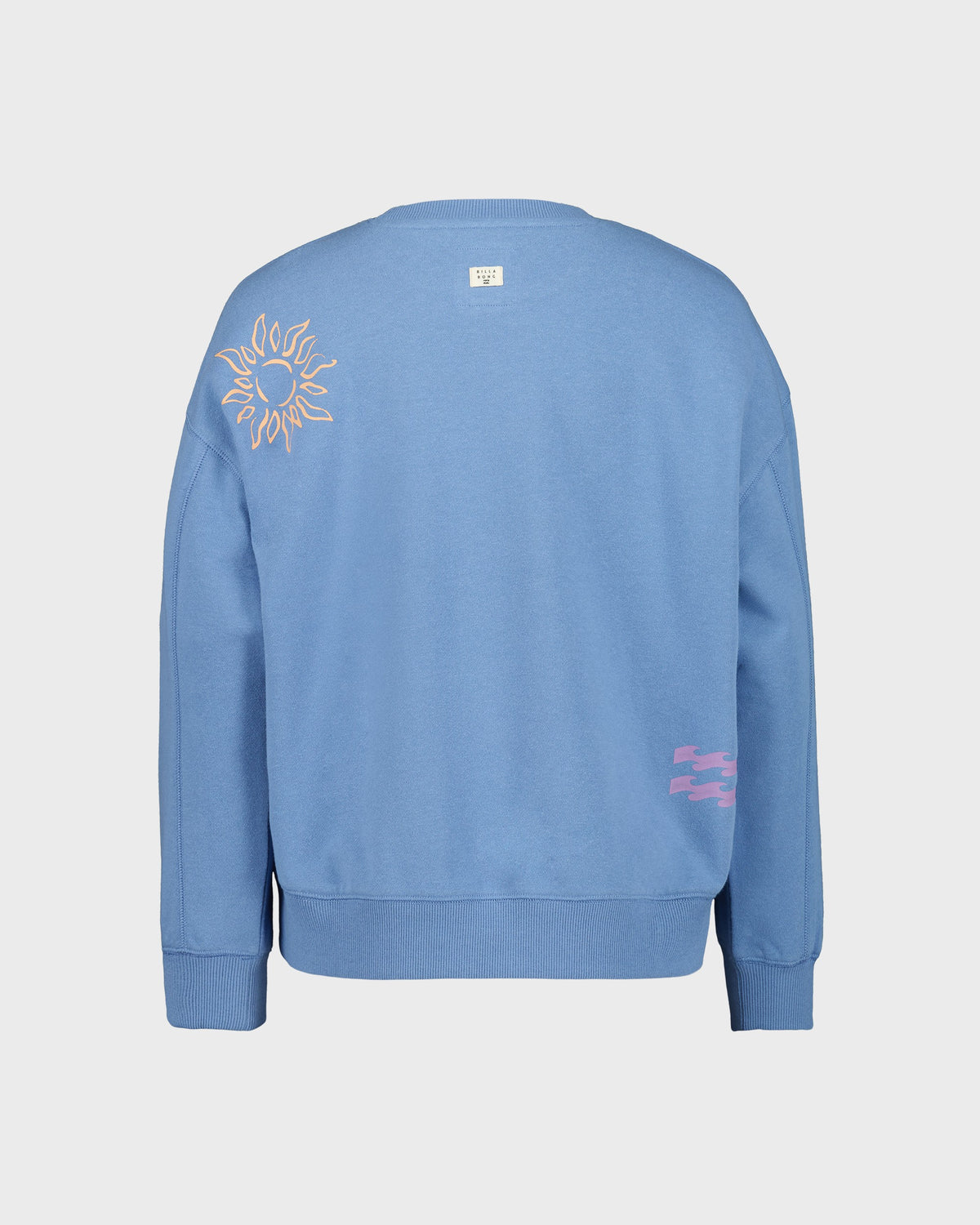Blue sweatshirt with a sun design on the back against a light gray background