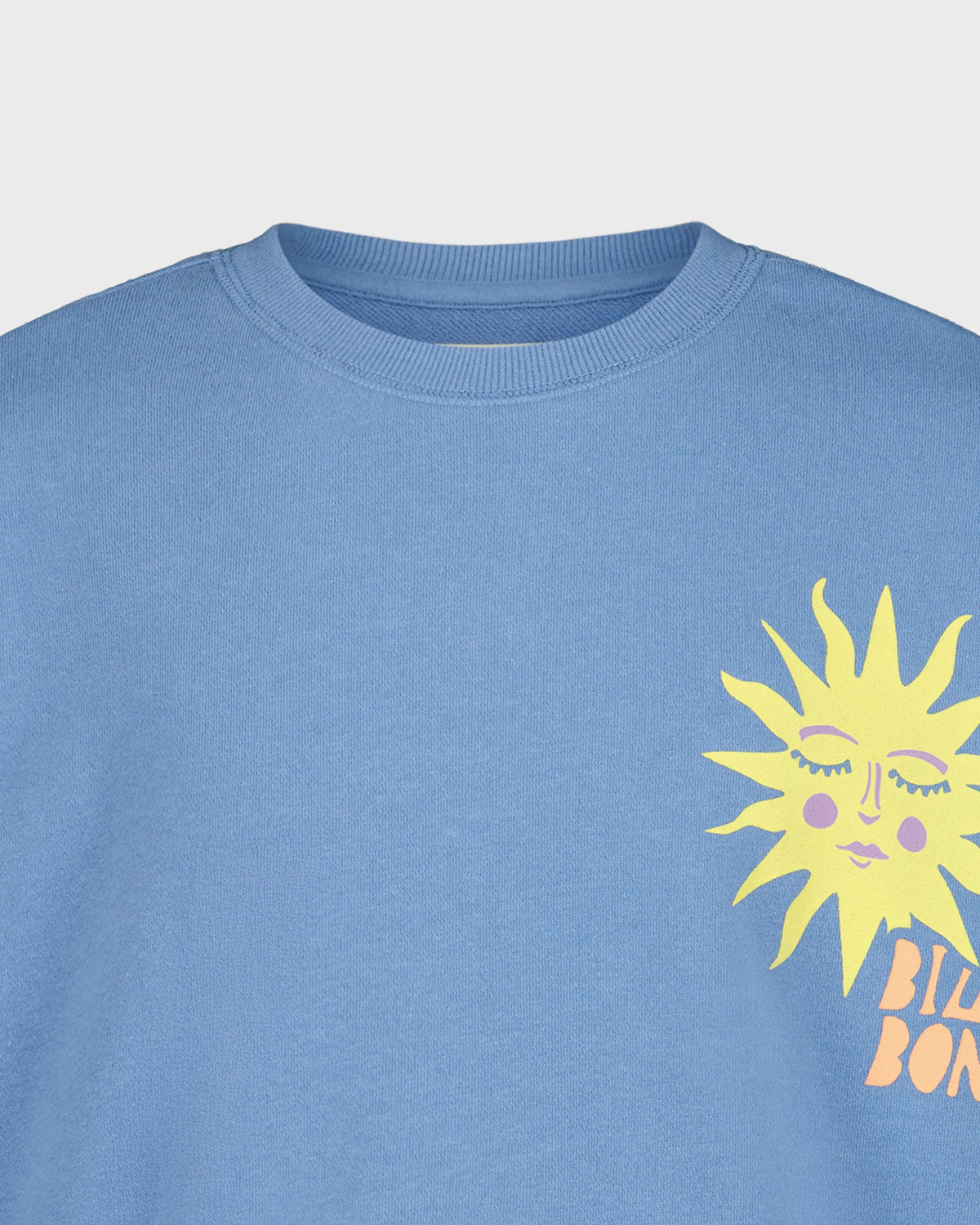 Blue sweatshirt with a yellow sun graphic and 'Billionaire Boys Club' text on a light gray background