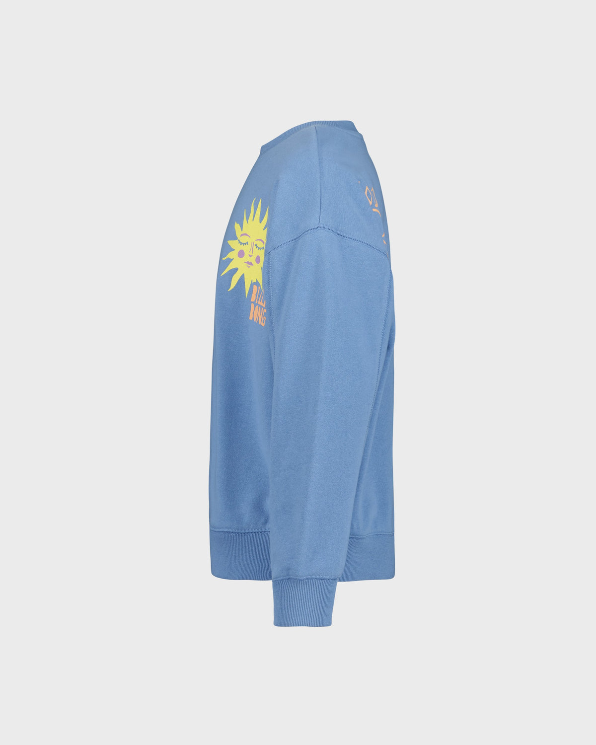 Blue sweatshirt with a yellow graphic on a light gray background