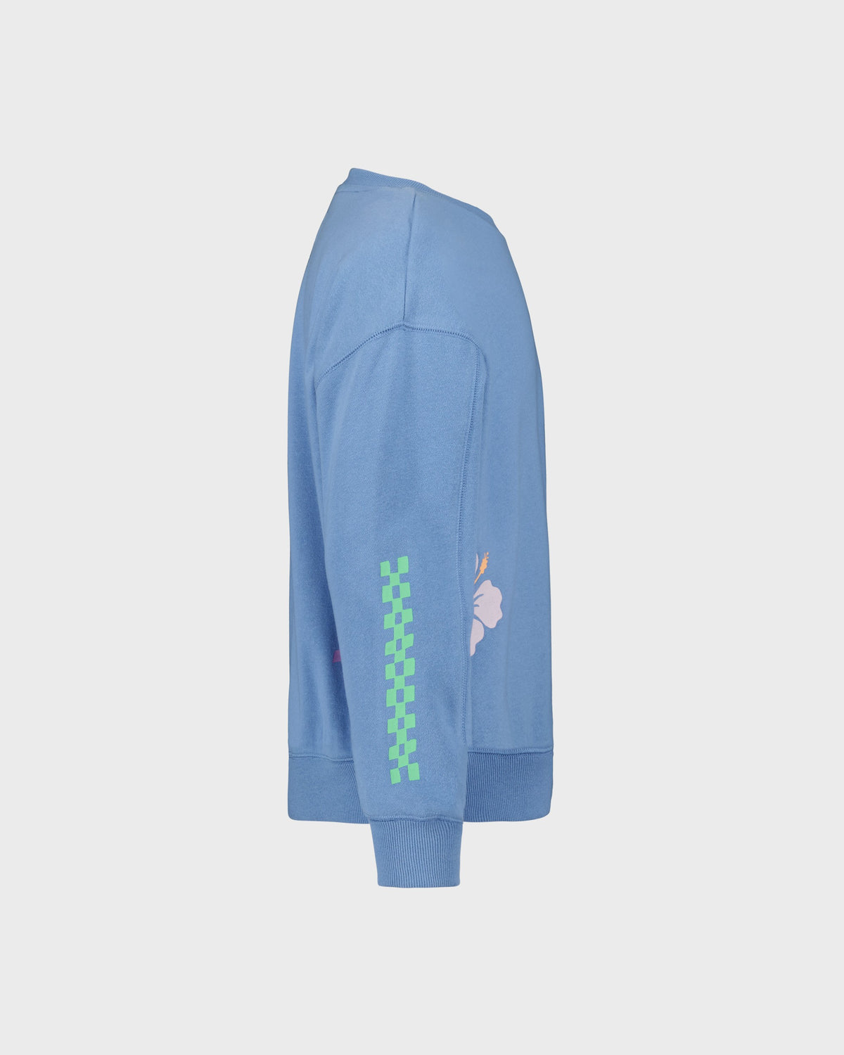 Blue sweatshirt with green and white designs on a light gray background