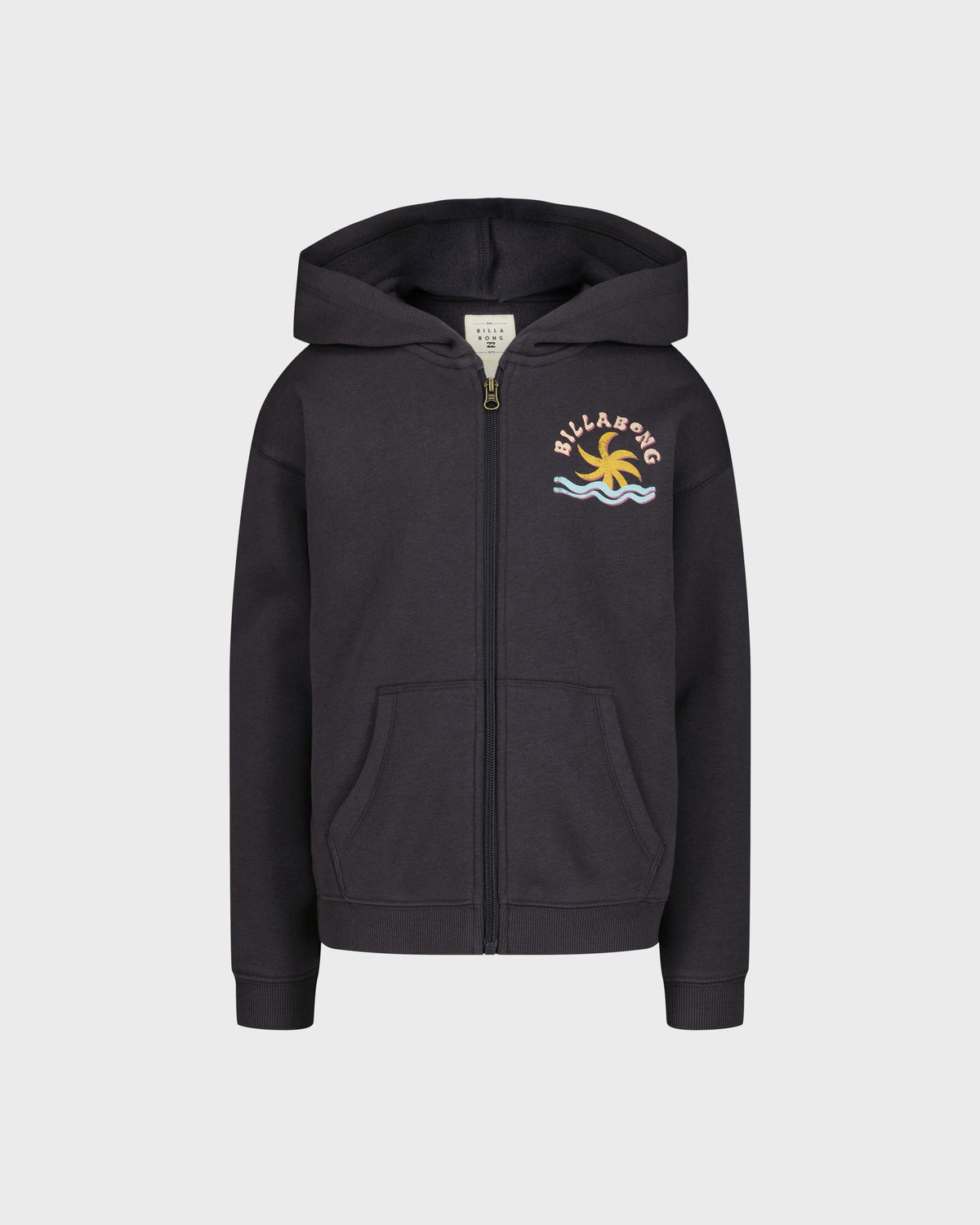 Black hoodie with a brand logo on a white background