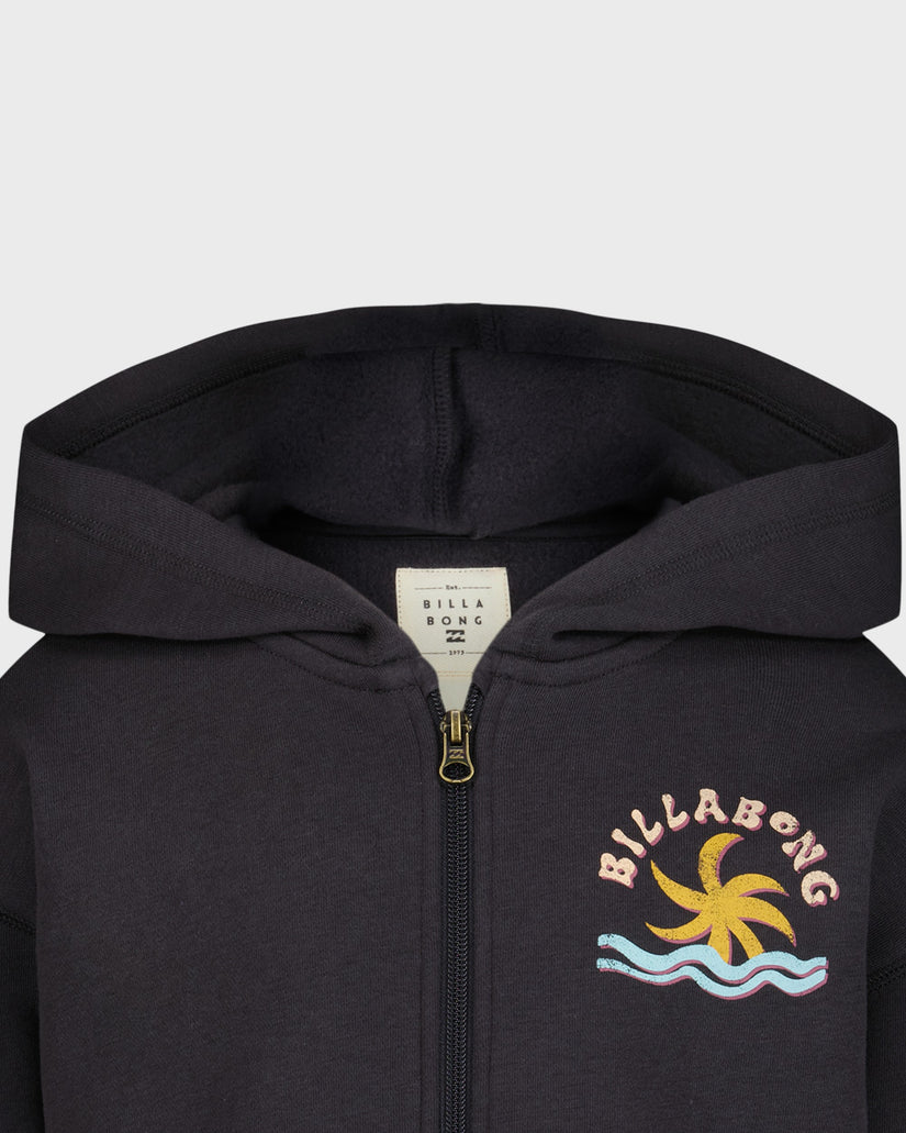 Black hoodie with Billabong logo and design on a light gray background