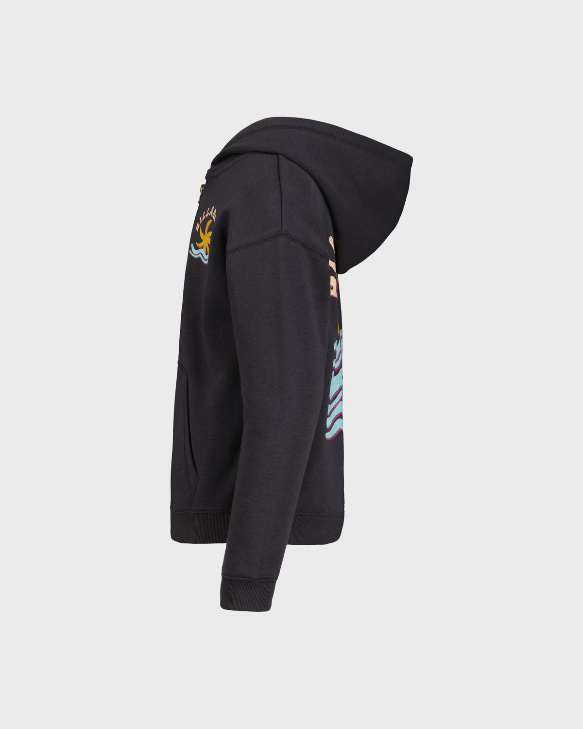 Black hoodie with colorful designs on the sleeves against a white background