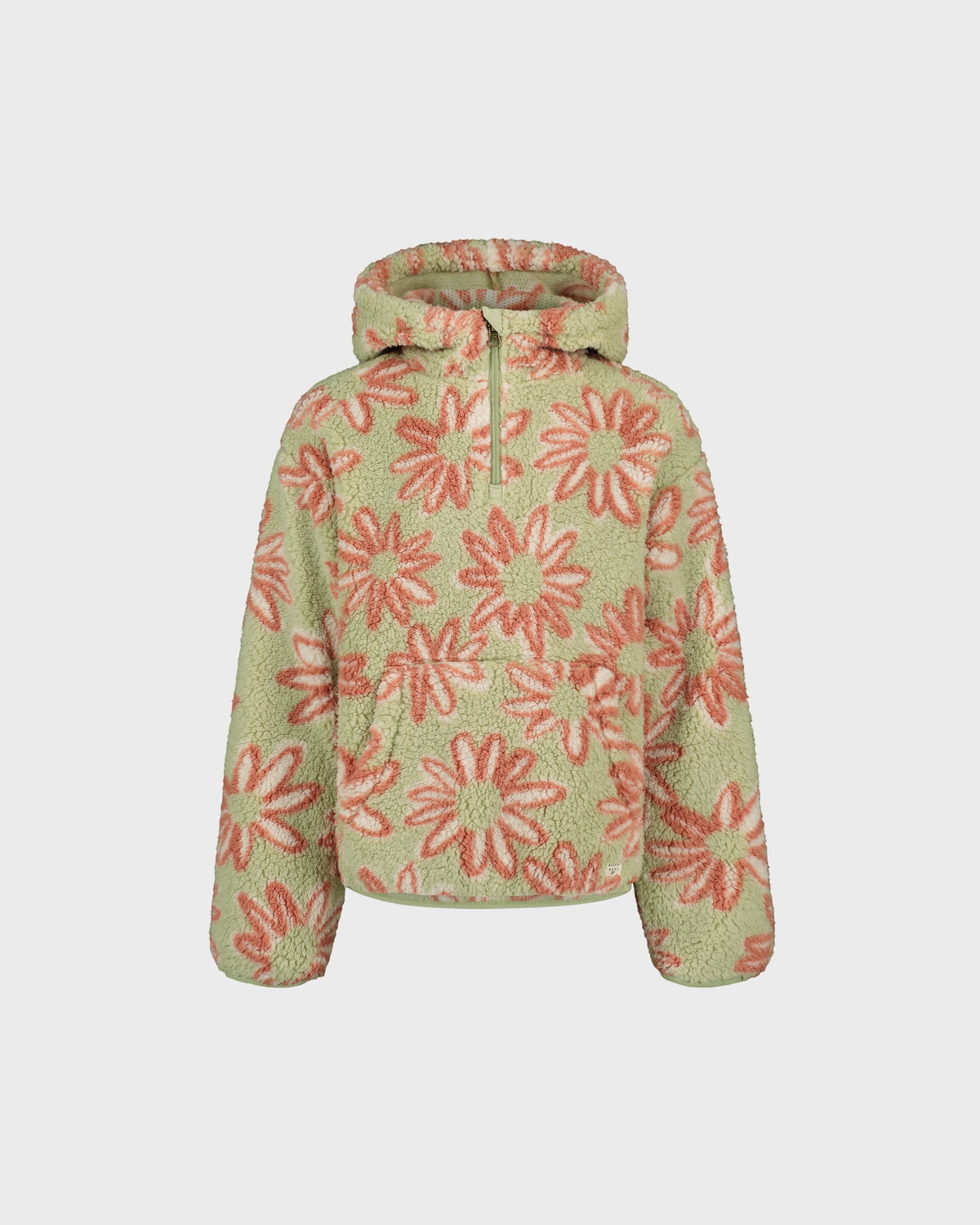 Green hoodie with red floral pattern on a white background
