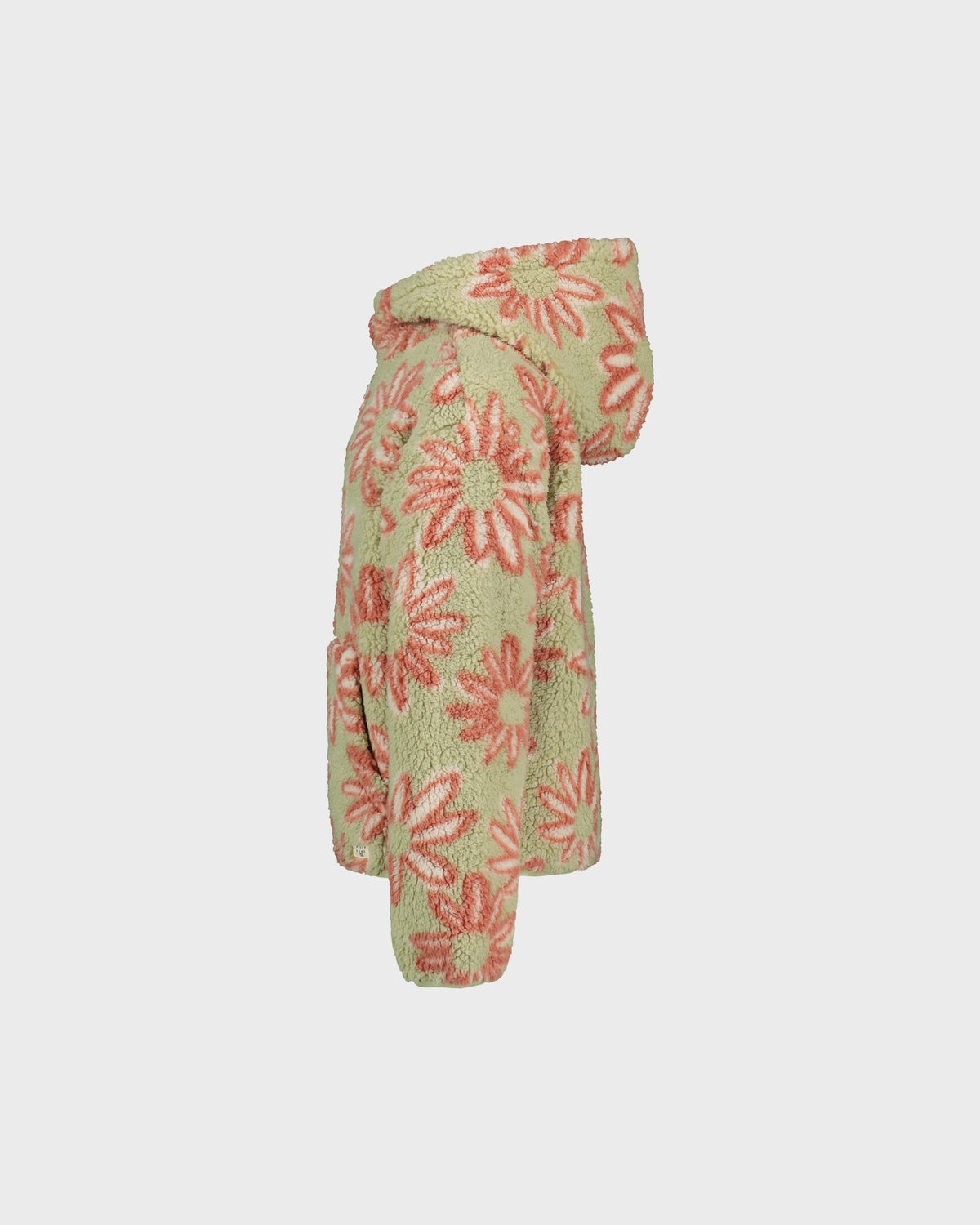 Green and red floral patterned fabric on a white background