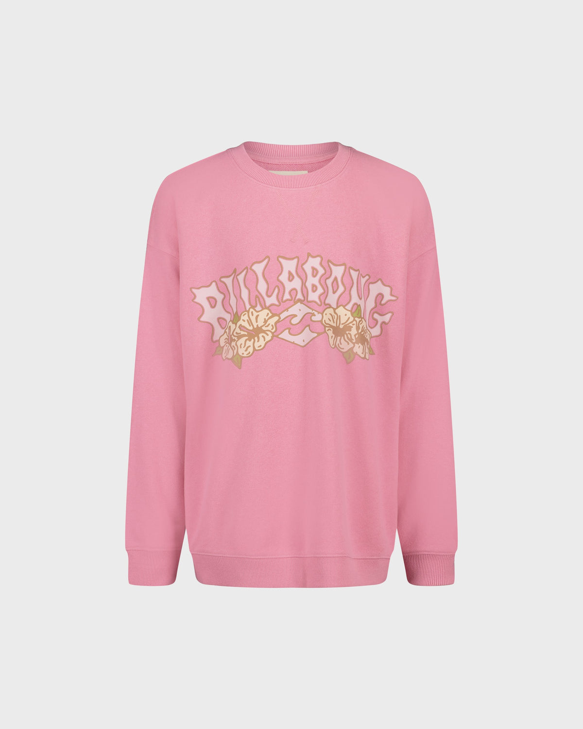 Pink sweatshirt with floral and text design on a light gray background