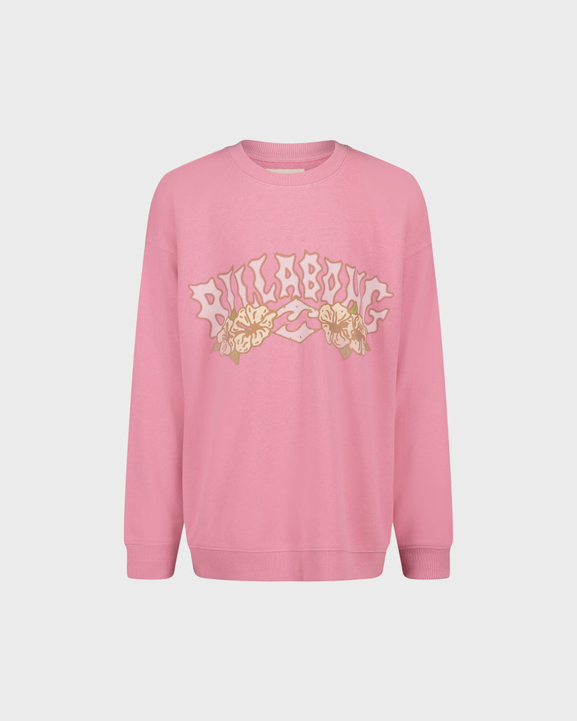 Pink sweatshirt with floral and text design on a light gray background