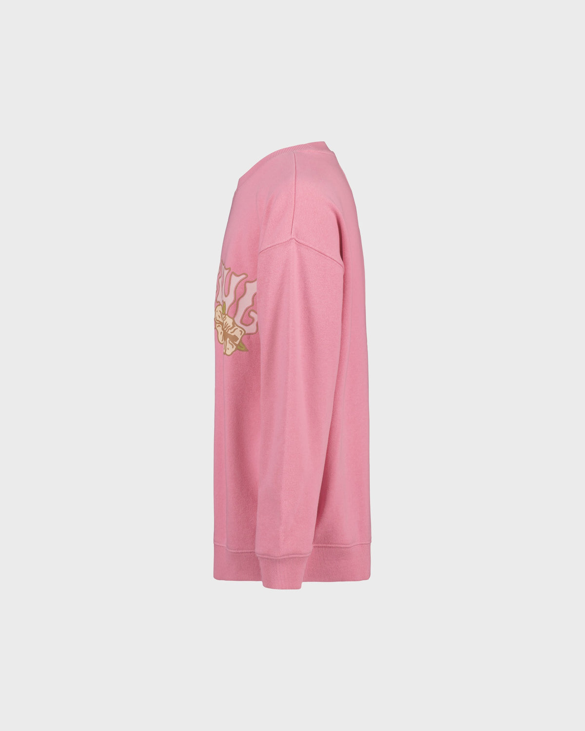 Pink sweatshirt with a floral design on a white background