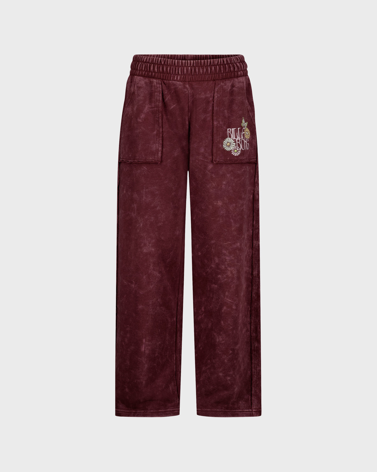Burgundy wide leg pant with elastic waistband and floral embroidery graphic on thigh pocket.