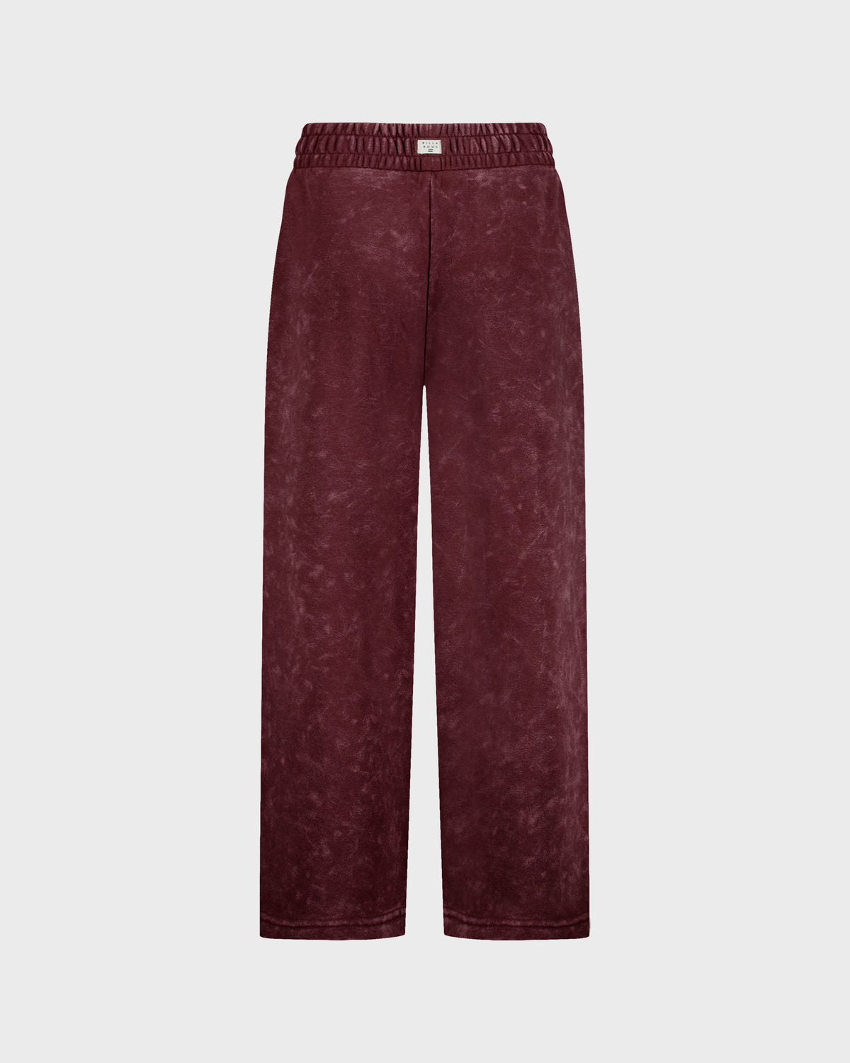 Burgundy wide-leg pants with elastic waistband in textured fabric.