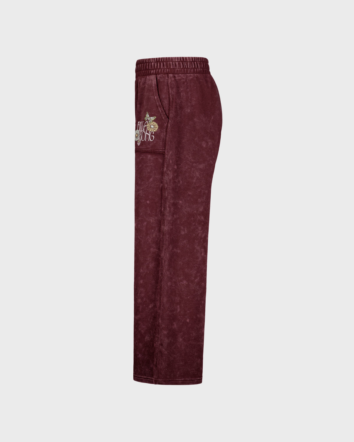 Burgundy wide leg pant with elastic waistband and embroidered wildflower graphic on thigh.