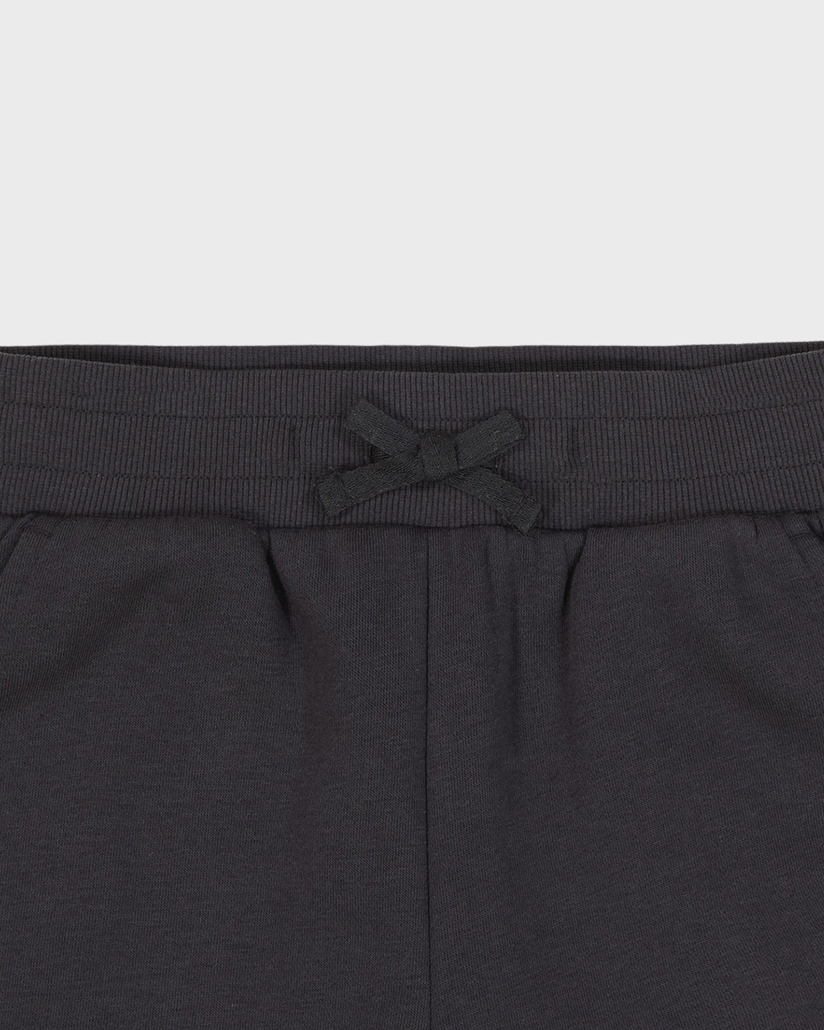 Dark gray sweatpants with a drawstring on a light gray background
