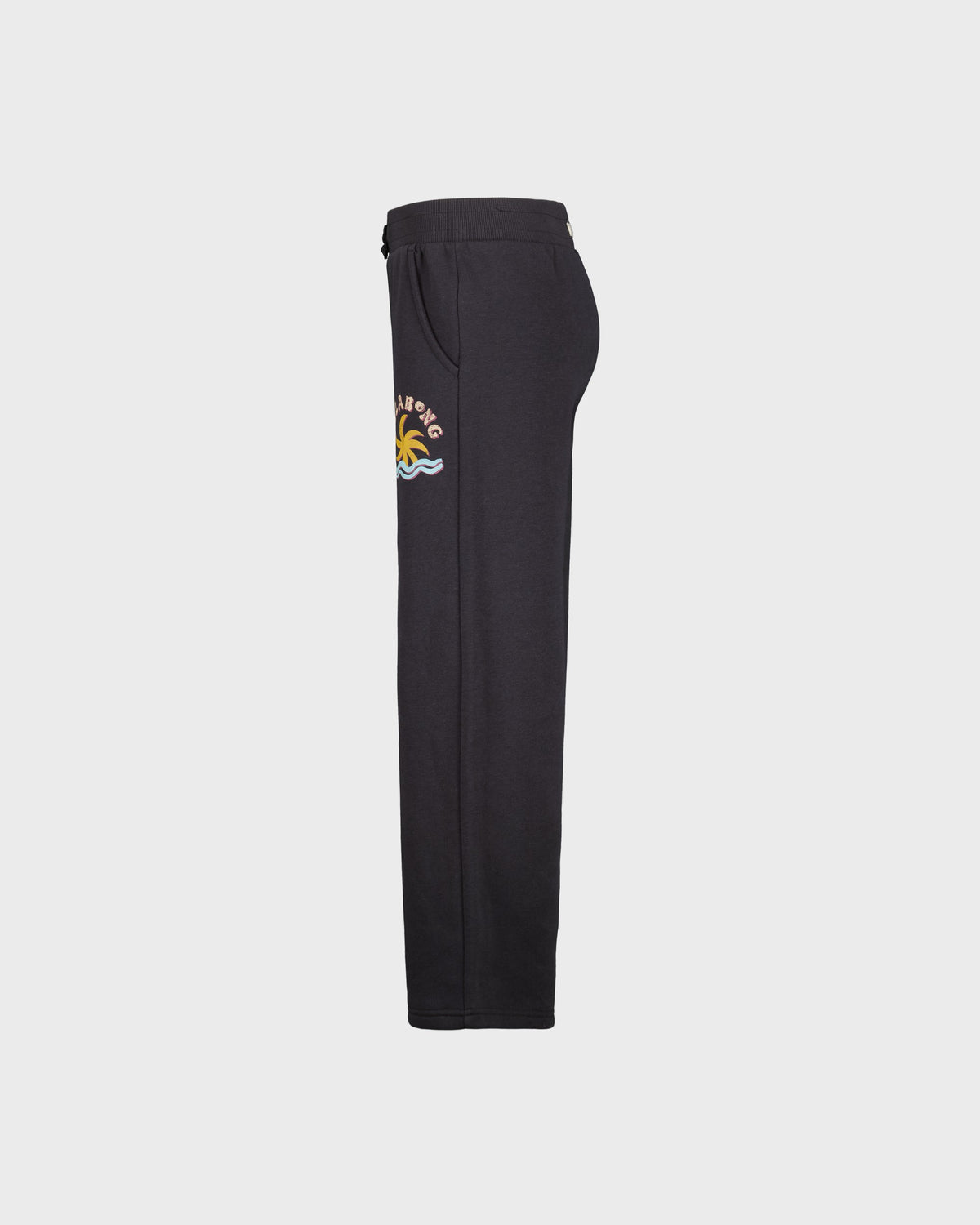 Black pants with a logo on the left leg against a light gray background