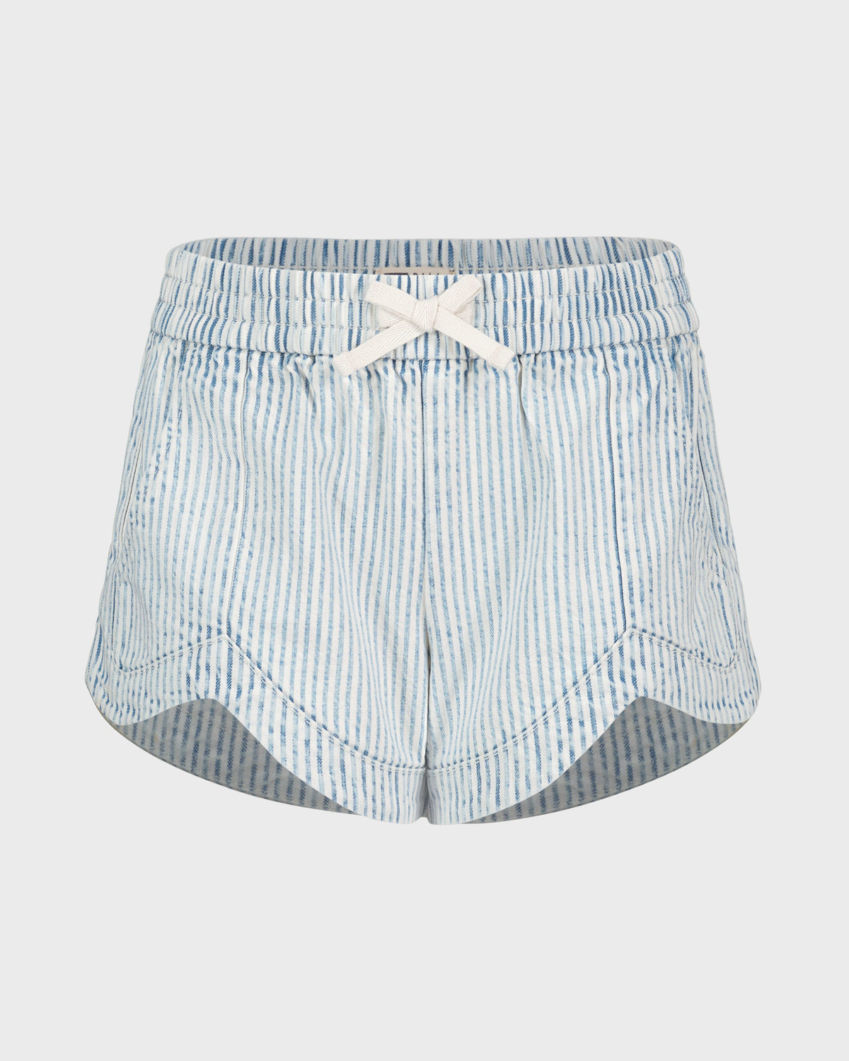 Light blue and white striped shorts on a light gray background