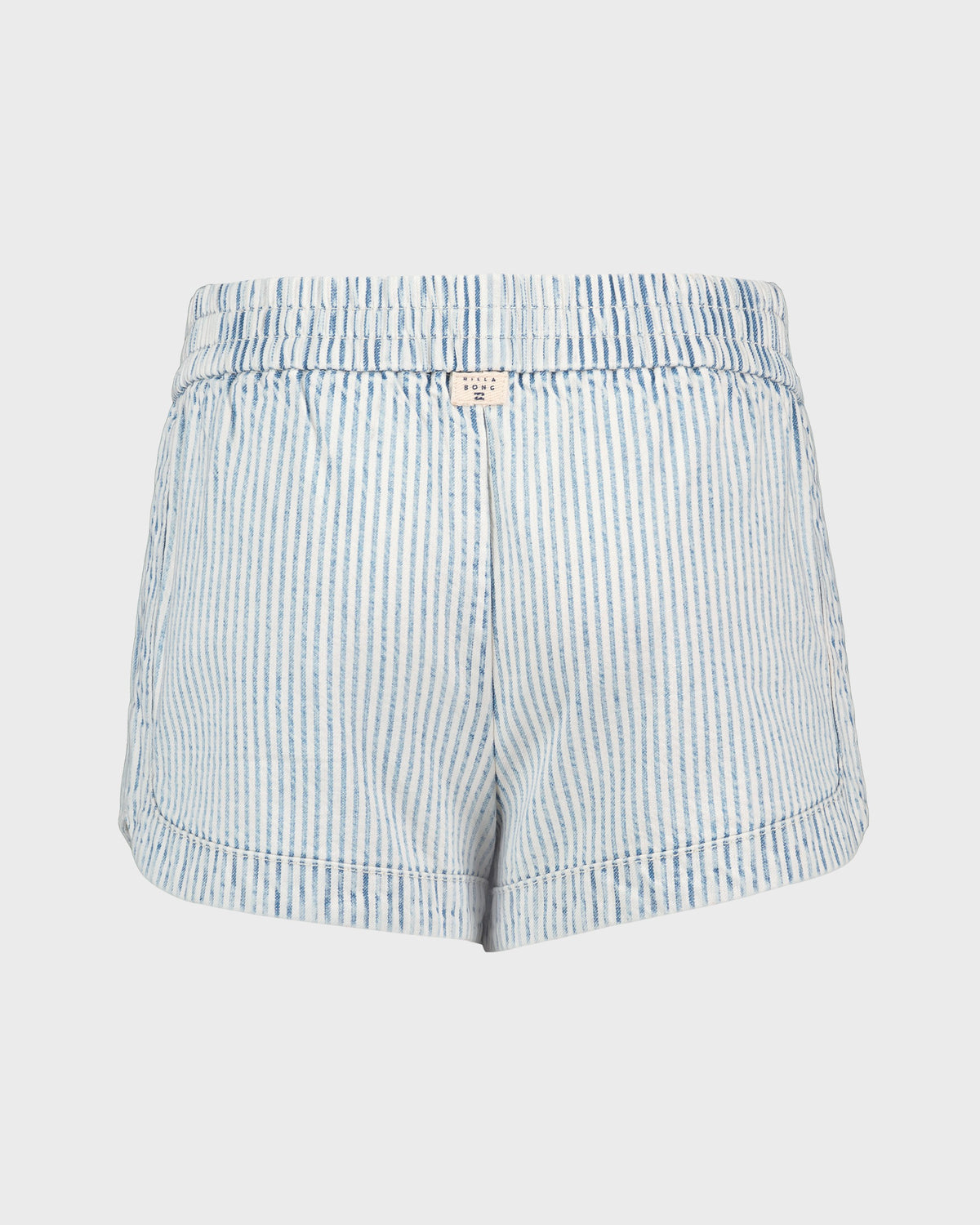 Blue and white striped shorts on a light gray background