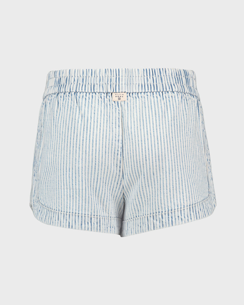 Blue and white striped shorts on a light gray background