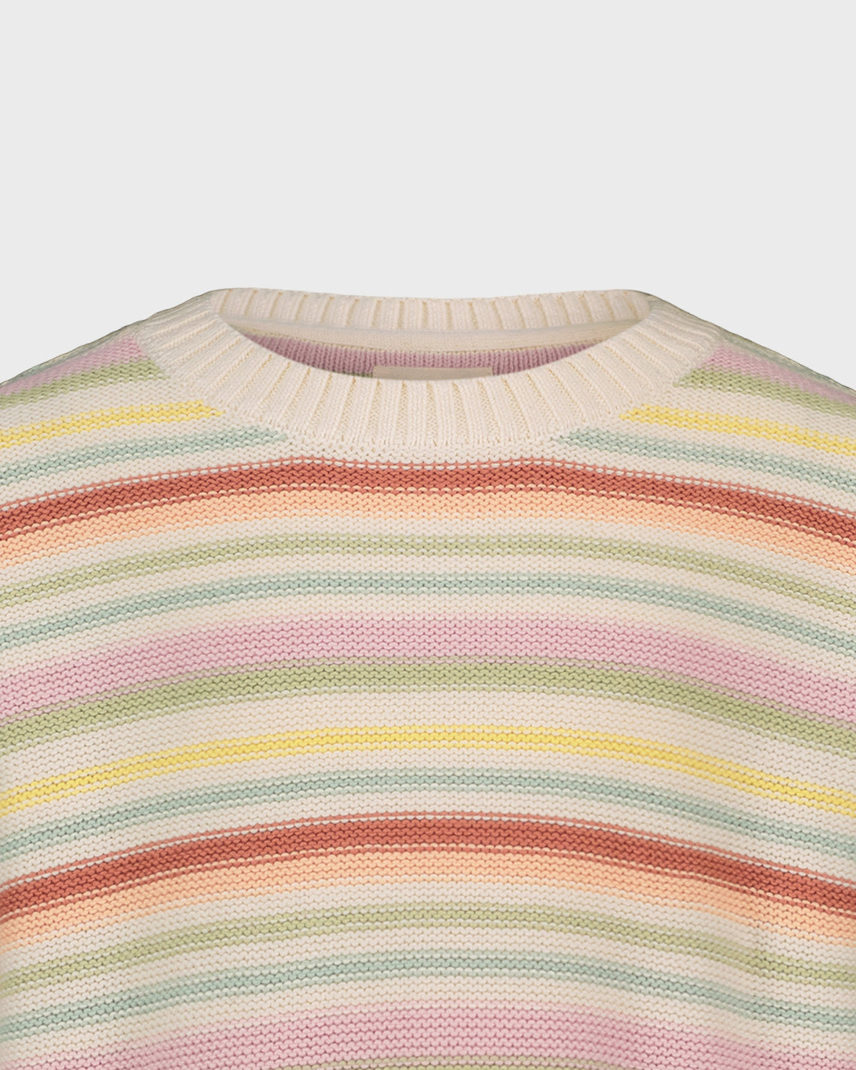 Close-up of a colorful striped sweater with a neutral background