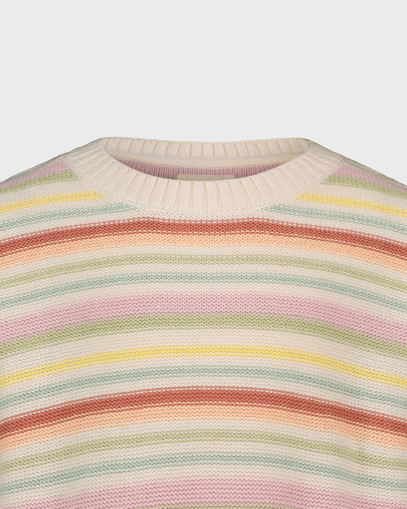 Close-up of a colorful striped sweater with a neutral background