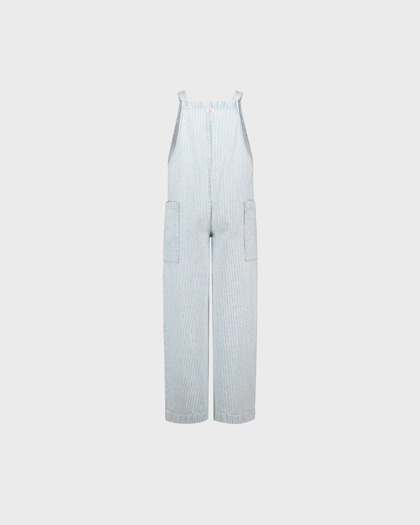 Light blue checkered jumpsuit on a white background