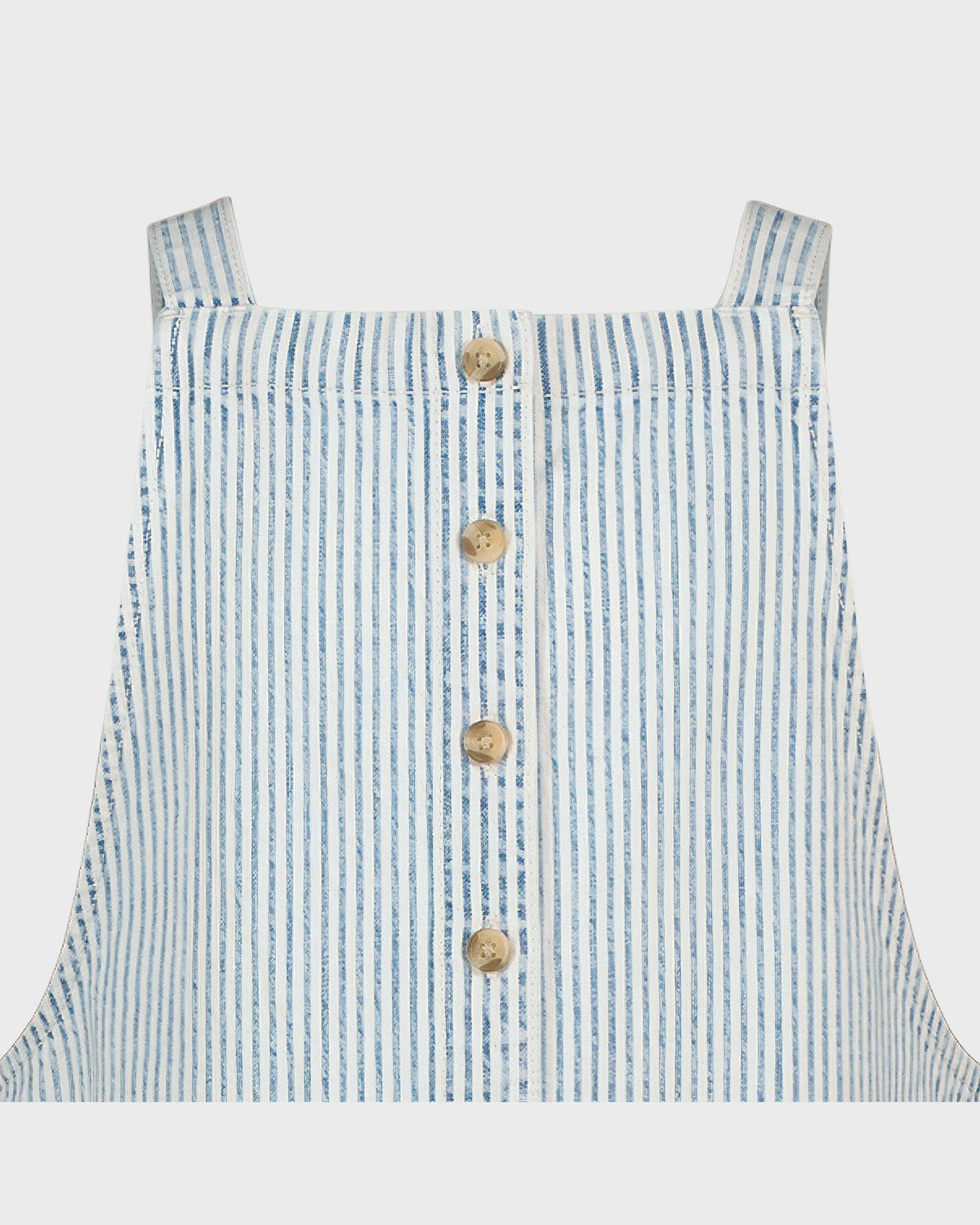 Blue and white striped apron with buttons on a light gray background