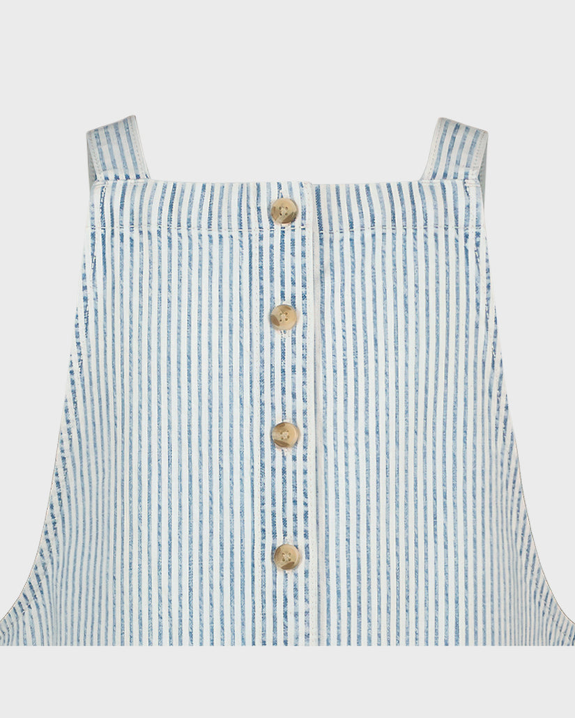 Blue and white striped apron with buttons on a light gray background