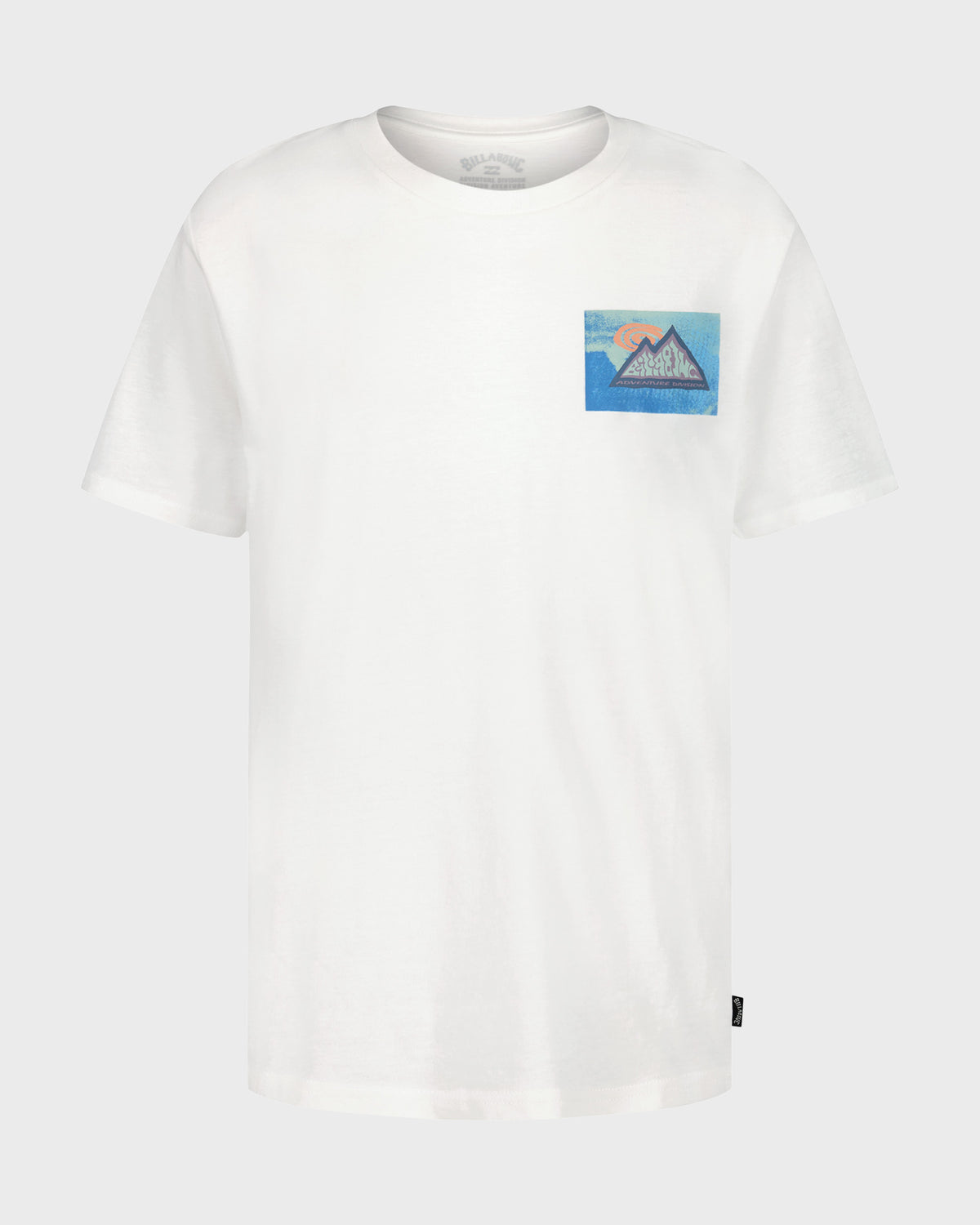 White short sleeve t-shirt with blue and orange mountain graphic patch on chest.