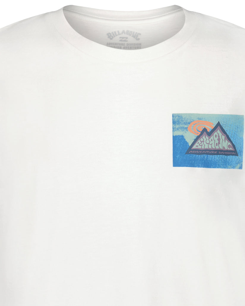 White short-sleeve t-shirt with mountain and sun graphic print on chest.