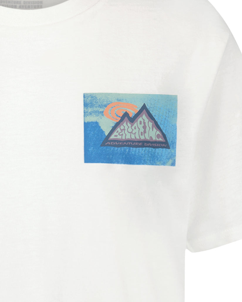White short sleeve t-shirt with blue and orange mountain graphic print on chest.