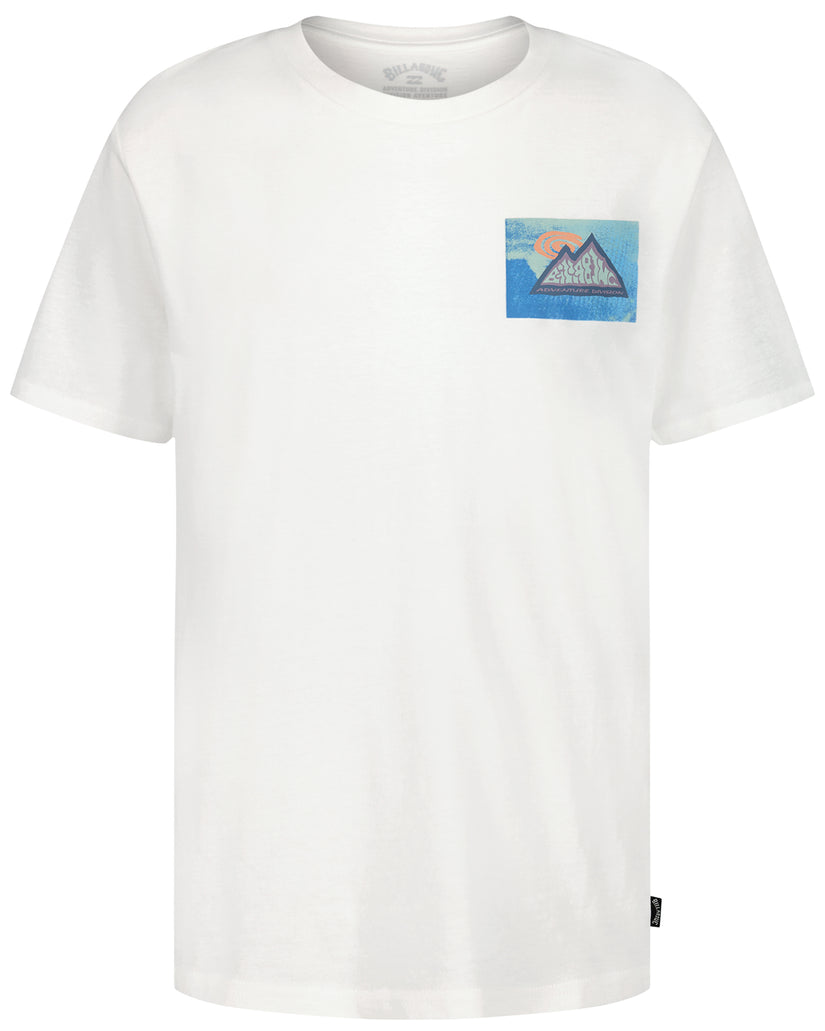 White short sleeve t-shirt with mountain and sun graphic on chest pocket.