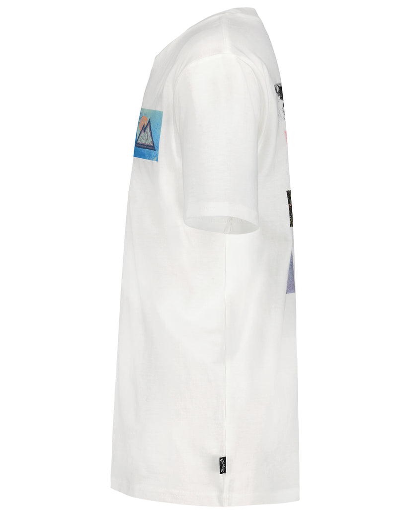 White short-sleeve t-shirt with colorful graphic patches on the sleeves and side.