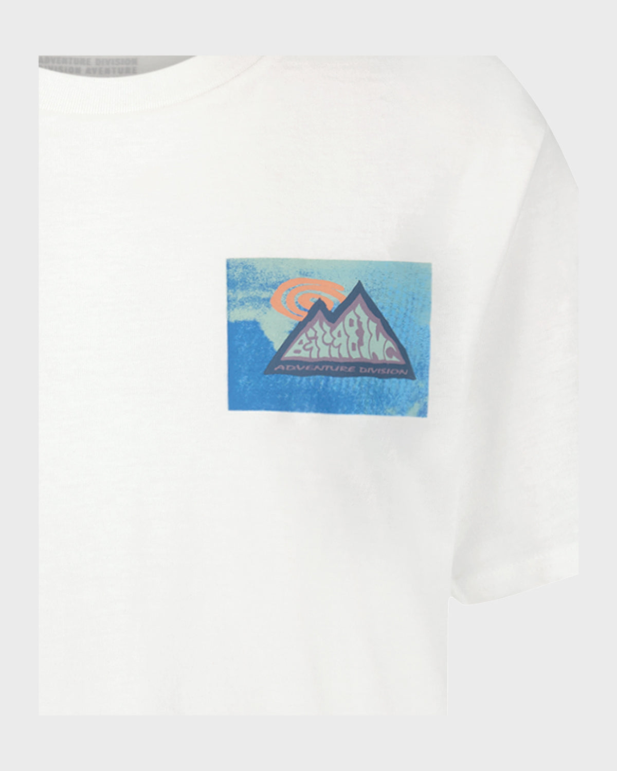 White short sleeve t-shirt with blue and orange mountain adventure graphic print on chest.