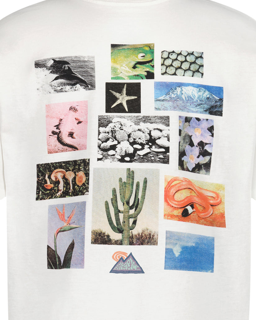 White short-sleeve t-shirt with collage of nature photographs including whale, reptile, flowers, cactus, and mountain scenes.