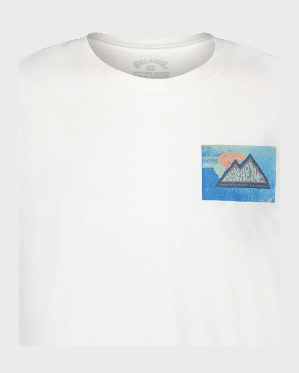 White short sleeve t-shirt with mountain and sun graphic print on chest.