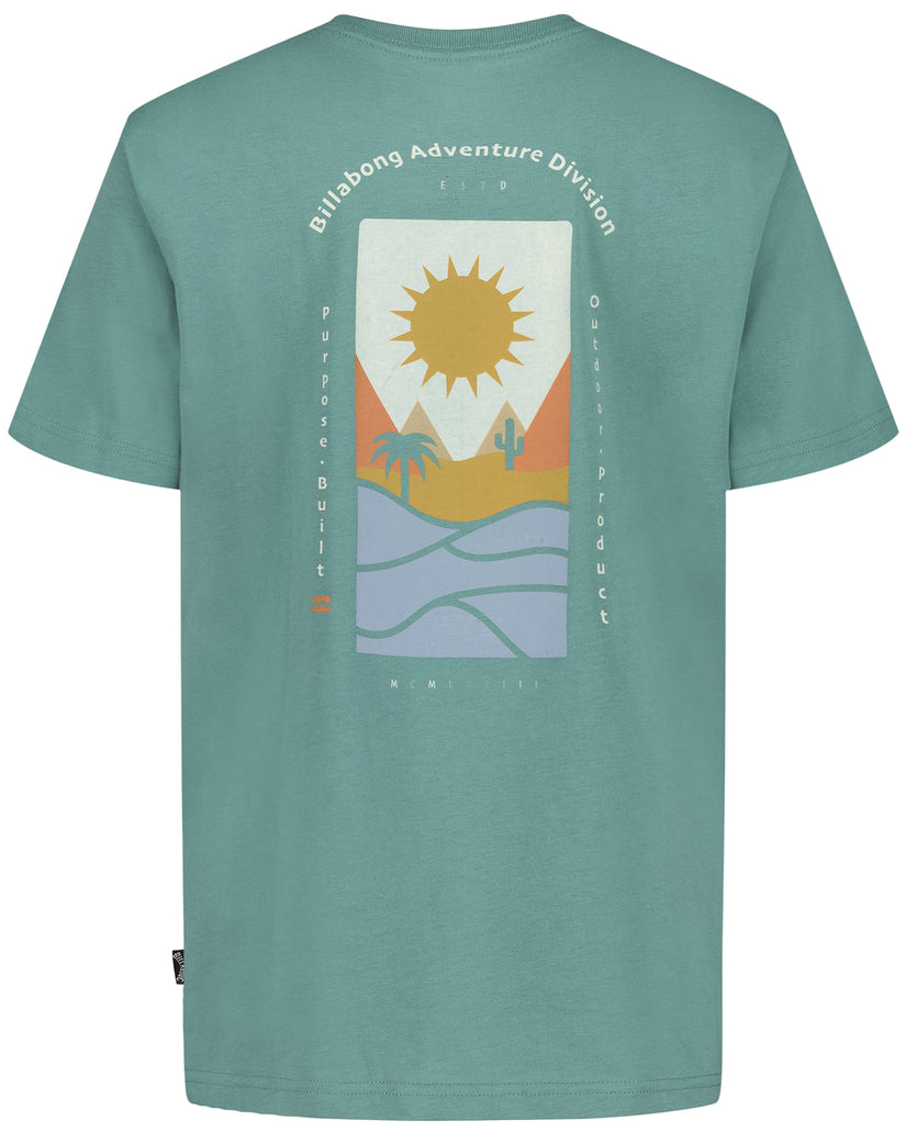 Teal short sleeve t-shirt with back graphic featuring a sun, mountains, and water waves with "Billabong Adventure Division" t
