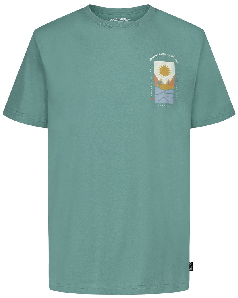 Sage green short-sleeve t-shirt with sun and mountain graphic printed on chest.