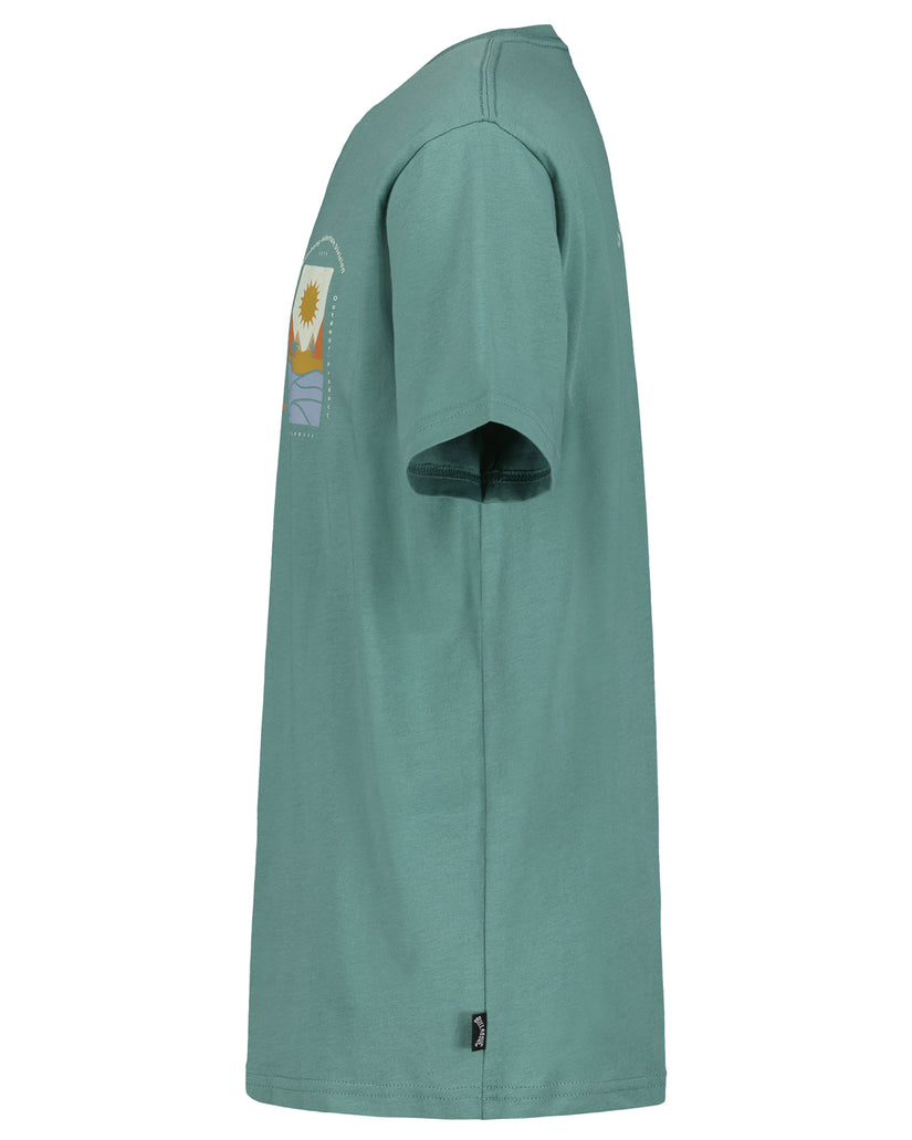 Boys short sleeve t-shirt in sage green with sun and mountain graphic on left chest.