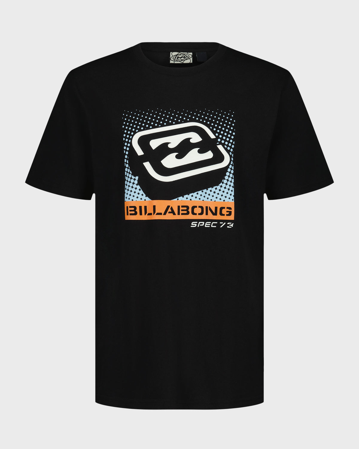 Black short sleeve t-shirt with Billabong Spec 73 logo and graphic print in white and orange.