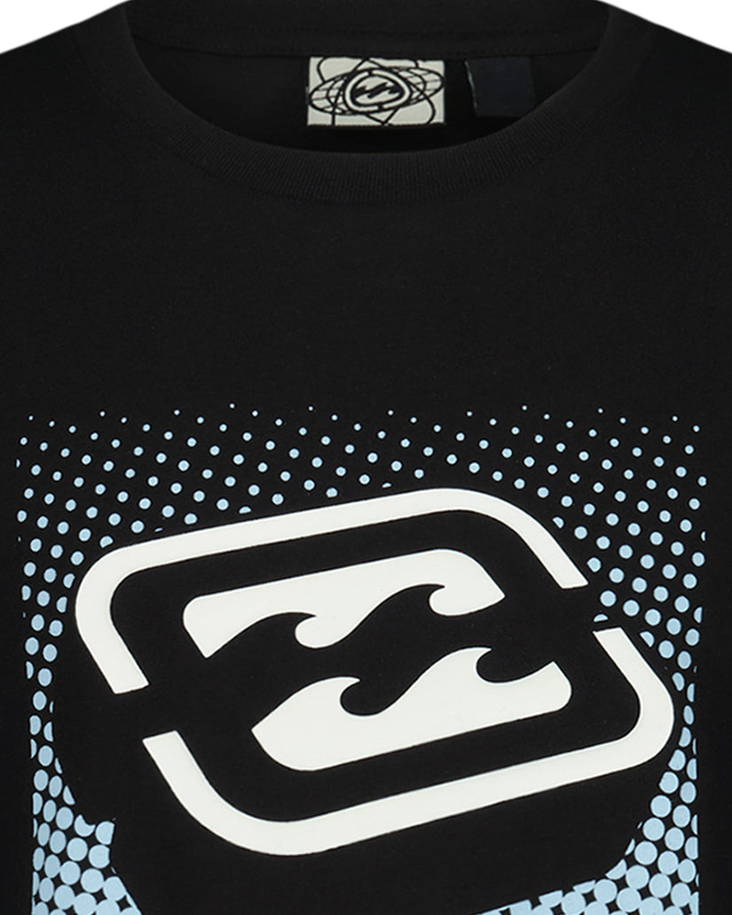 Black short sleeve t-shirt with white and blue dotted graphic design and stylized logo on front.