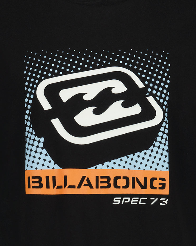 Black short sleeve t-shirt with Billabong Spec 73 logo featuring white and blue geometric wave design on front.