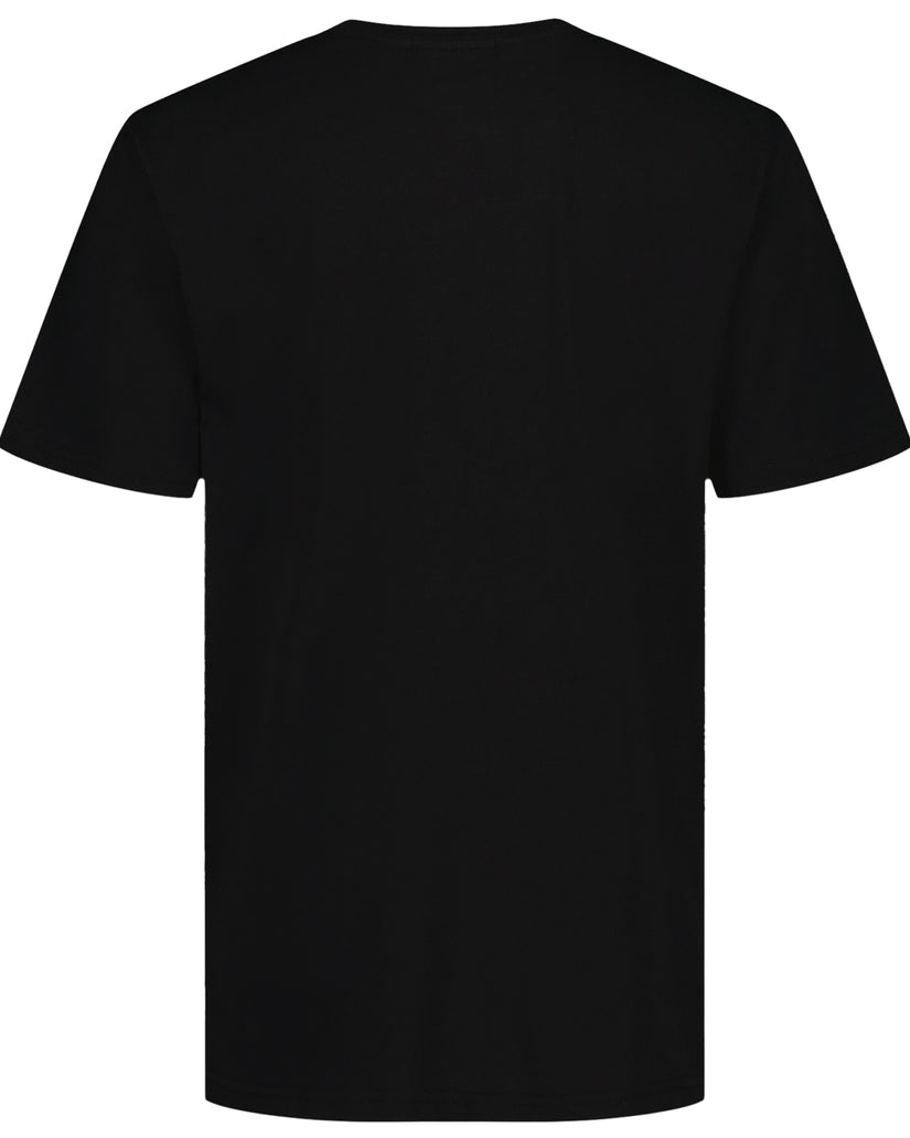 Black short-sleeve t-shirt with crew neckline, shown from back view.