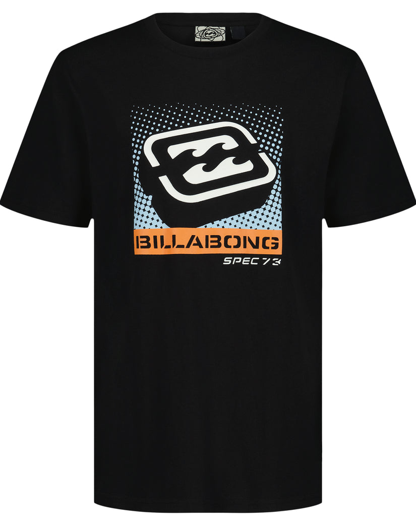Black short sleeve t-shirt with Billabong logo and halftone graphic design in white and blue.
