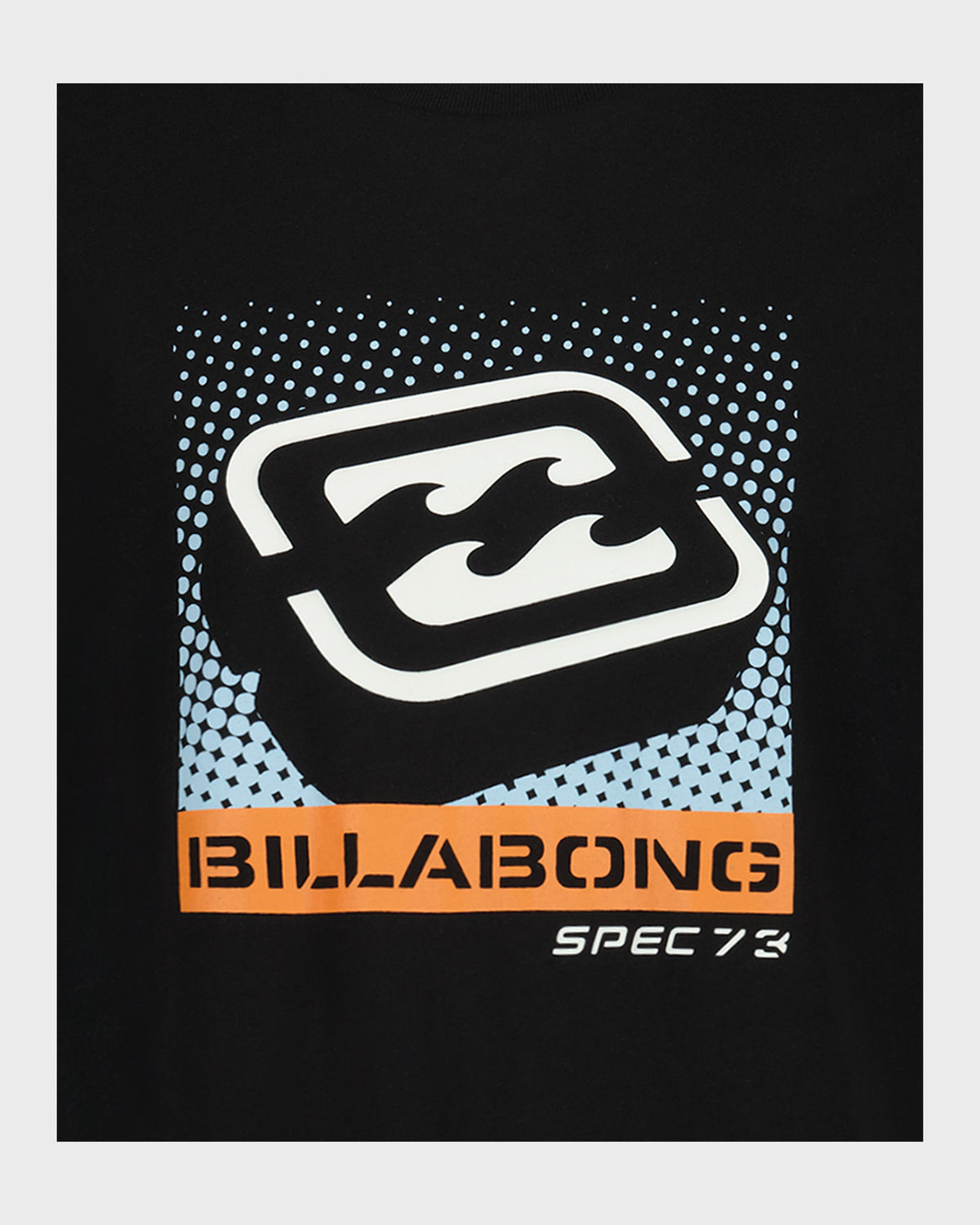 Black short sleeve t-shirt with Billabong Spec 73 logo featuring white graphic design and blue dotted pattern on front.